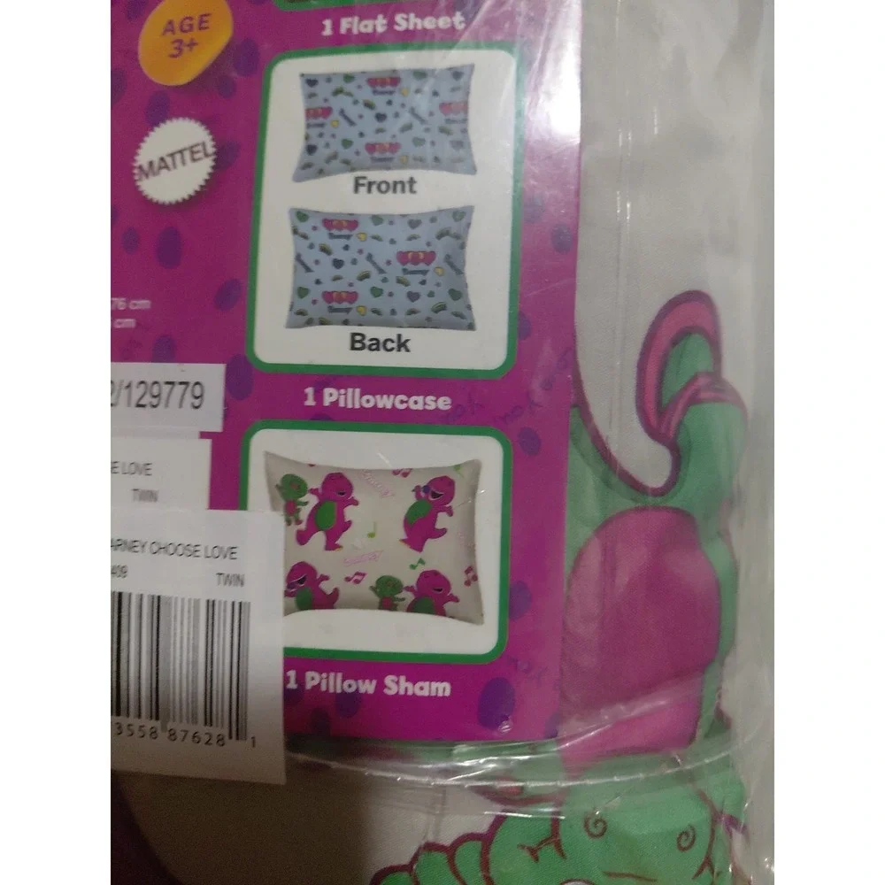Barney & Friends Bedding 7 Piece Reversible Comforter, Sheet Set w/Sham, Full Sz